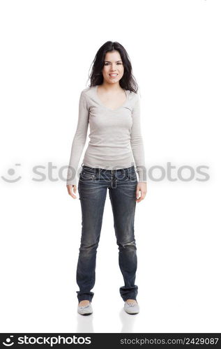 Portrait of a happy beautiful young woman standing over a white background