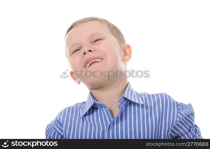 Portrait of a happy boy with no teeth. Isolated on white background