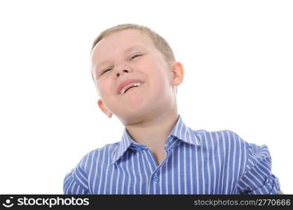 Portrait of a happy boy with no teeth. Isolated on white background