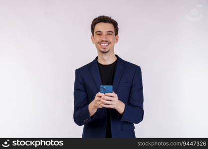 Portrait of a happy businessman using smartphone over white background. Using mobile phone, typing sms message.