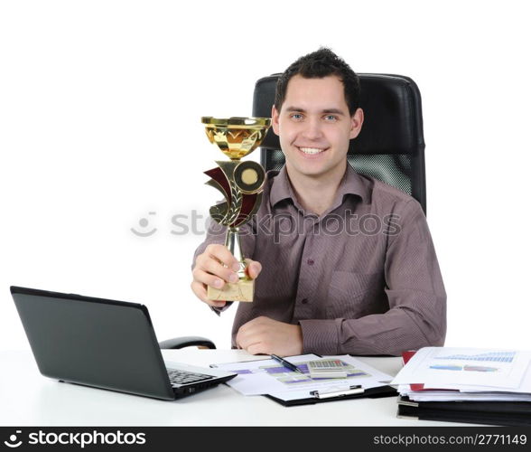 Portrait of a happy businessman with the cup in his hand. Isolated on white background