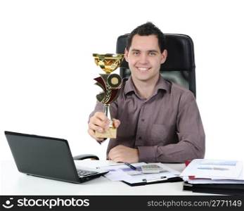 Portrait of a happy businessman with the cup in his hand. Isolated on white background