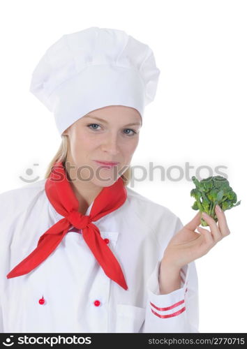 Portrait of a happy cook with the Brussels sprouts in his hand. Isolated on white background