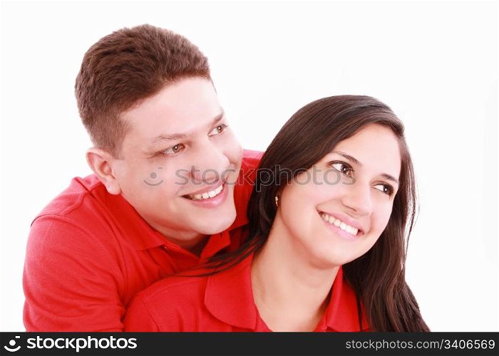 Portrait of a happy couple hugging each other and looking away - Copyspace