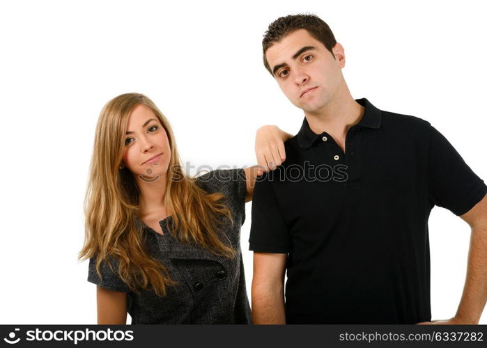 Portrait of a happy couple laughing at camera on white background