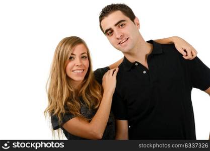 Portrait of a happy couple laughing at camera on white background