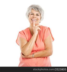 Portrait of a happy elderly woman with a thinking expression, isolated on a white background