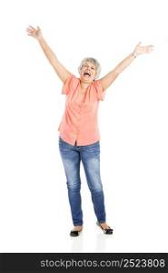 Portrait of a happy elderly woman with arms on the air, isolated on a white background