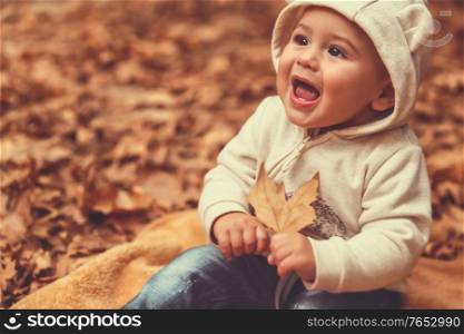 Portrait of a happy excited little boy having fun in the park, cheerful child sitting on the blanket on the ground covered with dry tree leaves, enjoying autumn holidays