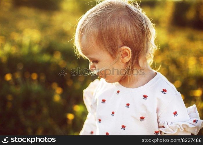 portrait of a happy little girl in the field