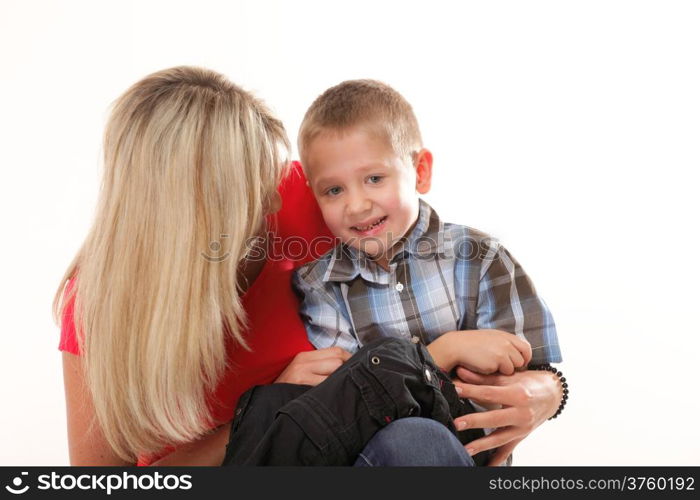 Portrait of a happy mature mother with child 6 years boy isolated on white