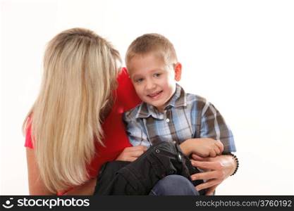 Portrait of a happy mature mother with child 6 years boy isolated on white