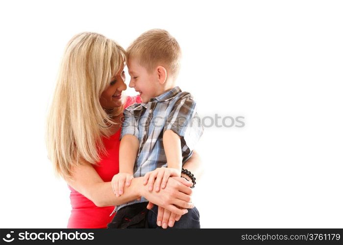 Portrait of a happy mature mother with child 6 years boy isolated on white