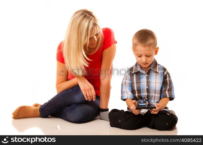 Portrait of a happy mature mother with child 6 years boy isolated on white