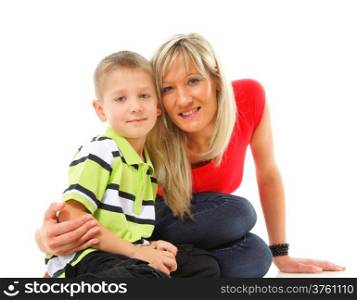 Portrait of a happy mature mother with son child 6 years boy isolated on white