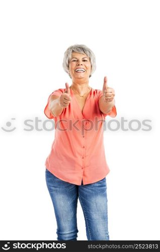 Portrait of a happy old woman with thumb up, isolated on a white background