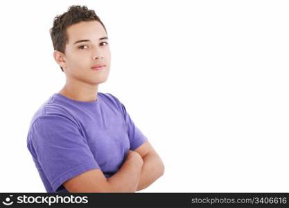 Portrait of a happy teenager standing with folded hands on isolated background