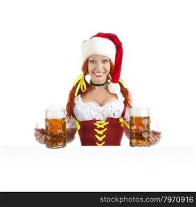 Portrait of a Happy Woman in Santa Hat Wearing a Traditional Oktoberfest Costume with Two Beer Glasses and Holding a Sign.