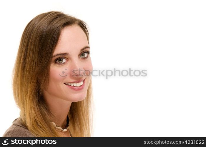 portrait of a happy woman. portrait of a happy woman on white background