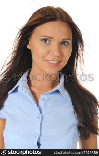 Portrait of a happy young business woman. Isolated on white background