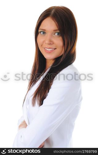 Portrait of a happy young business woman. Isolated on white background
