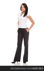 Portrait of a happy young business woman standing full lenght white background