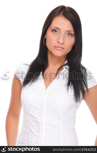 Portrait of a happy young business woman standing with hand against white background