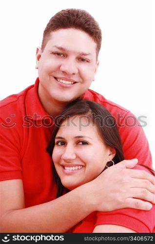 Portrait of a happy young couple having fun together against white background