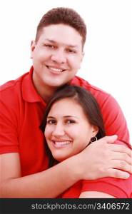 Portrait of a happy young couple having fun together against white background