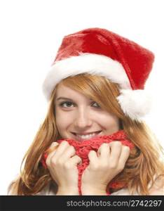 portrait of a happy young redhead woman with santas hat. portrait of a happy young redhead woman with santas hat on white background
