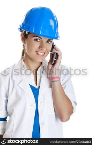 Portrait of a happy young woman calling; isolated on white background