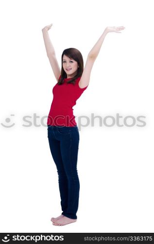 Portrait of a happy young woman with her arms raised, over white background