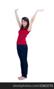 Portrait of a happy young woman with her arms raised, over white background