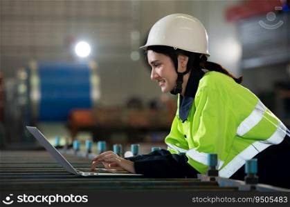 Portrait of a heavy equipment female engineer from a huge industry who came to inspect the metal sheet factory’s machinery.