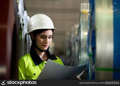 Portrait of a heavy equipment female engineer from a huge industry who came to inspect the metal sheet factory&rsquo;s machinery.
