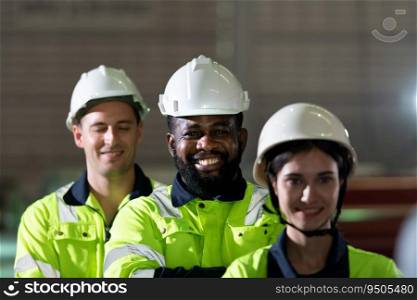Portrait of a heavy equipment group of engineer from a huge industry who came to inspect the metal sheet factory&rsquo;s machinery.