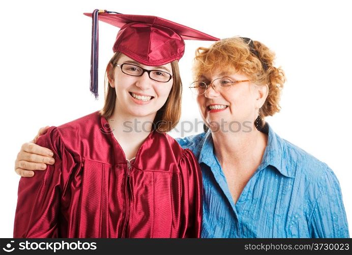 Portrait of a high school graduate and her proud mother. Isolated on white.