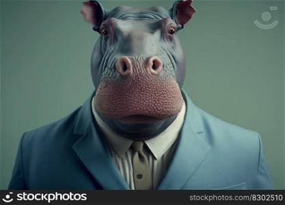 Portrait of a hippopotamus dressed in a formal business suit, character, generative ai