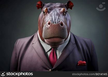 Portrait of a hippopotamus dressed in a formal business suit, generative ai