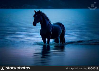  Portrait of a  horse  on a blue sea background.  Generative AI
