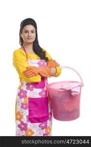 Portrait of a housewife with a bucket of clothes