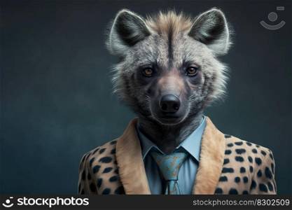 Portrait of a hyena dressed in a formal business suit, character, generative ai