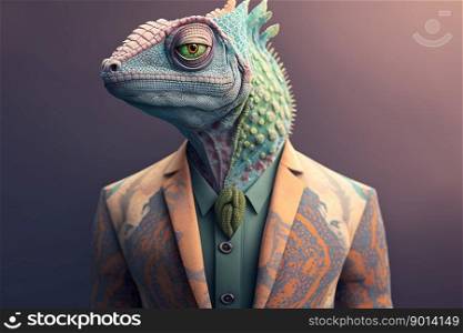 Portrait of a iguana dressed in a formal business suit, generative ai