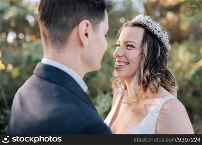 Portrait of a just married couple on a forest