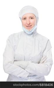 Portrait of a lab assistant in a suit smiles against a white background