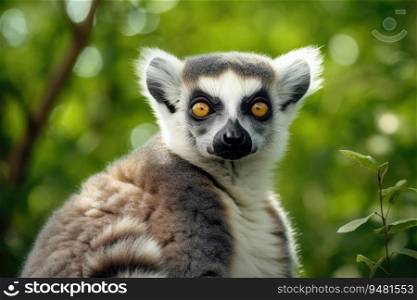 Portrait of a lemur against the background of green nature. Generative AI