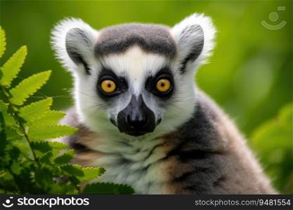 Portrait of a lemur against the background of green nature. Generative AI