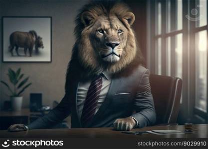 Portrait of a Lion in a business suit at the office, digital illustration painting, Generative AI