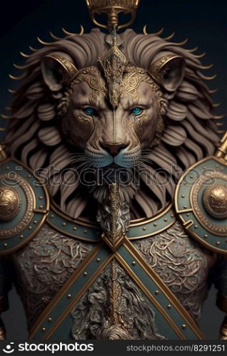 Portrait of a lion warrior wearing gilded armor. Portrait of a lion warrior wearing gilded armor AI Generated