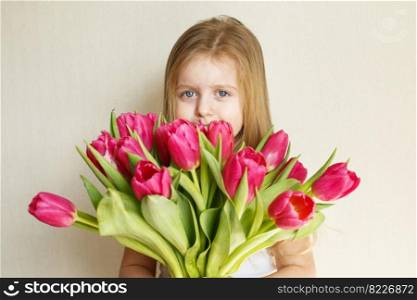 portrait of a litlle girl with bouquet of flowers tulips in her hands. portrait of litlle girl with bouquet of flowers tulips in her hands